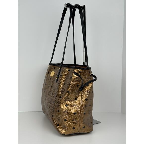 MCM Metallic Visetos Medium Shopper Tote Bag Gold Leather - Picture 6 of 16
